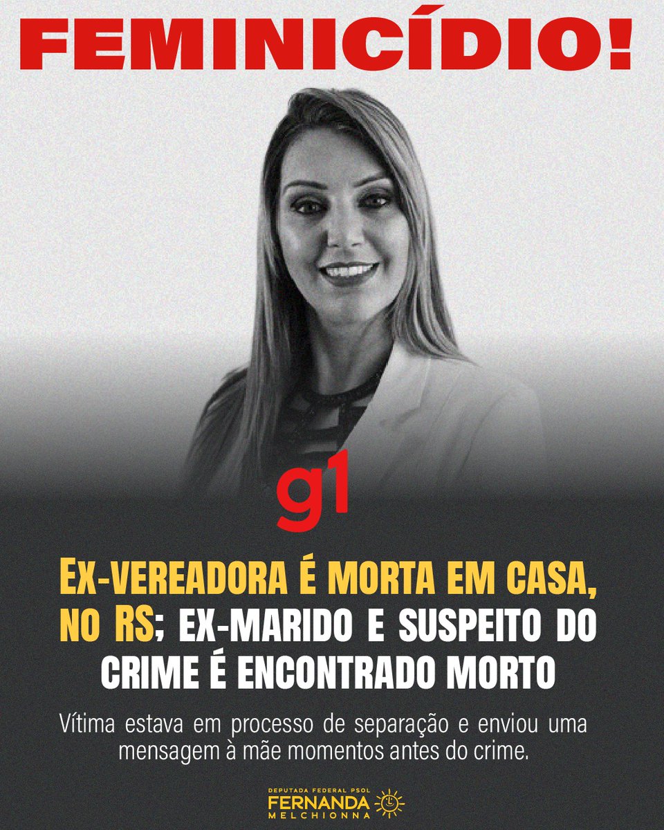 fernandapsol's tweet photo. Violência contra as mulheres: o horror cotidiano.

Roseli Vanda Pires Albuquerque, ex -vereadora do município de Nova Prata, foi m0rta na madrugada deste sábado em seu apartamento. O principal suspeito é Ari Albuquerque, ex -marido da vítima, também encontrado sem vida no local. O casal estava em processo de separação e Ari, apesar de não morar mais lá, ainda tinha a chave da casa. A mãe de Roseli acionou a Brigada Militar ao receber uma mensagem da filha, momentos antes do feminicídio.

Roseli foi a 17º  vítima de feminicídio no Rio Grande do Sul em 2026, um número desesperador e revoltante dessa epidemia que precisa ser parada urgentemente. Seguimos exigindo que o presidente Lula decrete calamidade pública para enfrentar os feminicídios. 

Meus sentimentos e solidariedade aos familiares e amigos de Roseli Vanda Pires.
