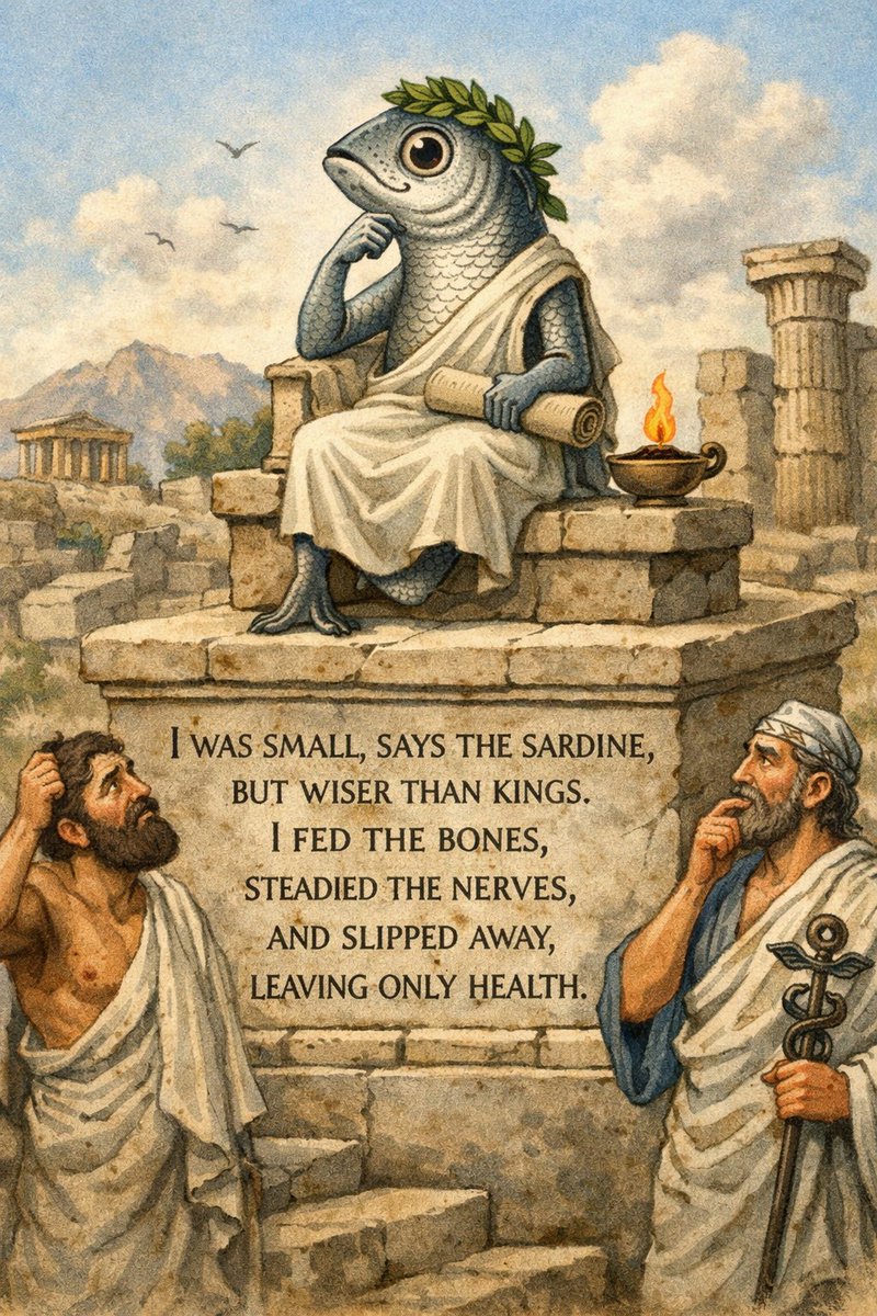 Mej_mun's tweet photo. #AIart #epigram #HealthcareAI #food
I was small, says the sardine,
but wiser than kings.
I fed the bones, steadied the nerves,
and slipped away, leaving only health. https://t.co/yhhc5EOGh6