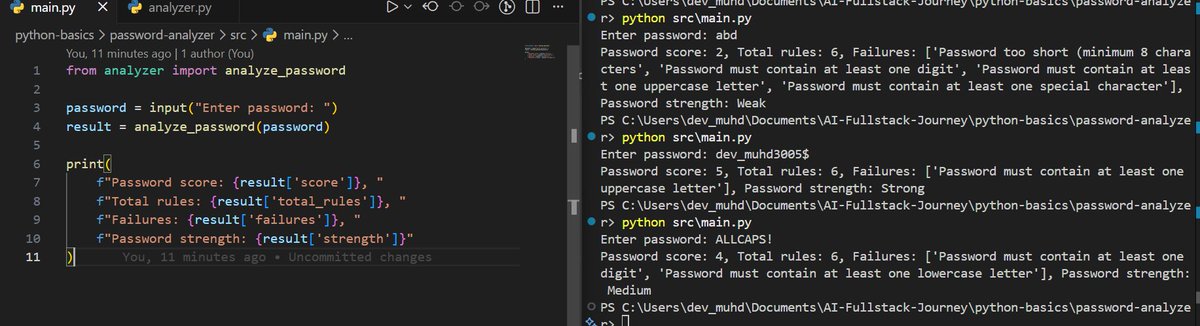 dev_muhd's tweet image. Day 6 of 100 Days of Code.

Missed yesterday. Built a password analyzer to reinforce what I’ve learned—functions, modular design, rule logic, thresholds &amp;amp; edge-case handling (fixed a zero-division bug).

Back to the calculator project.

#100DaysOfCode #BuildInPublic #Python
