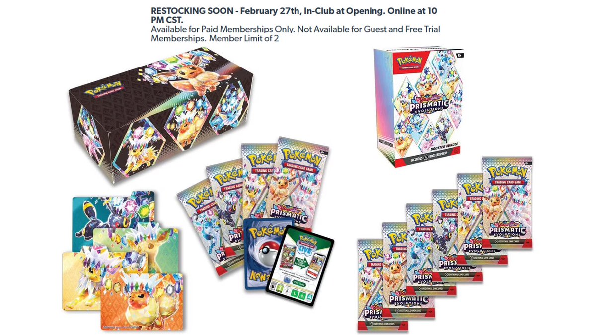 Sam's Club Prismatic Evolutions Surprise Box + Booster Bundle Restock Confirmed for February 27 at 8PM PT / 11PM ET! ✨

Early Link (Add To List)
➡️buff.ly/8poXr0k

Required Membership Deals
Club: buff.ly/dRhsPff
Plus: buff.ly/rwgHDDG

Membership Required.