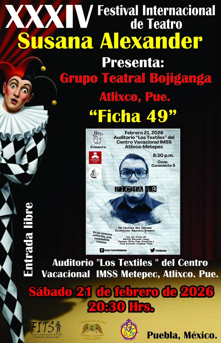 🎭 Cuando el sistema trata de silenciarte aún hay una voz que se niega a callar. 

💢FICHA 49, de Cecilia del Carmen. 
Asiste hoy a las 8:30 p.m. al Centro Vacacional Atlixco Metepec 

💰Coop. Consciente 💵 

#Bojiganga #Somosteatro #FITSA2026 <a href="/edresenateatro/">Ed Reseña (teatro)</a>
<a href="/orgasmocultura/">Orgasmo Cultural</a>