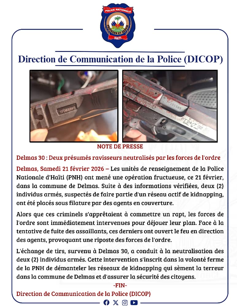 🇭🇹 Delmas 30 : 2 présumés ravisseurs neutralisés par la PNH ce samedi. Grâce à une filature, des agents ont déjoué un kidnapping en cours. Les suspects ont ouvert le feu, les policiers ont riposté. #PNH #Sécurité