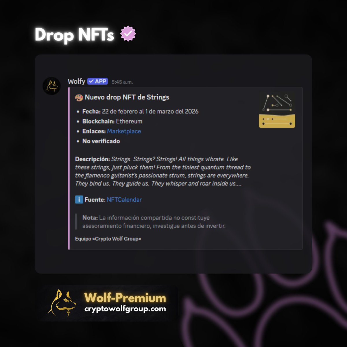 🚀 Drop NFT: Strings

📅 23 Oct. 2025
🏆 967 disponibles

String theory vibes + instrumentos musicales reales.

Opera casi exclusivamente en Ethereum para sus releases generativos.

⭐ Guía + updates en vivo en Wolf-Premium.