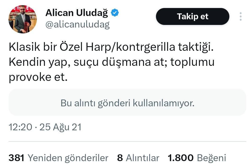 Sinan Ateş / Ayşe Ateş'in  sosyal medya etki ajanı Alican bakın neler yazmıştı!
Biz boşuna MİT/MHP/ÜLKÜ OCAKLARI'na savaş açan istihbarat servisleri ve onların içimizdeki elemanları bunlardır demiyoruz
Daha ismini cismini bilmedikleriniz var onları da vakti geldiğinde yazacağız