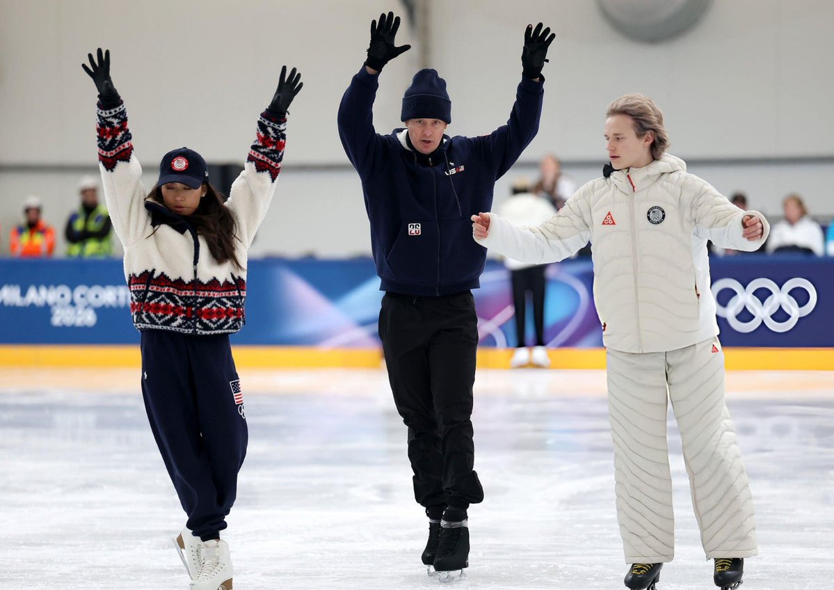 Ilia Malinin with Madison Chock and Evan Bates at the rehearsal for the exhibition gala of the 2026 Olympic Winter Games yesterday.