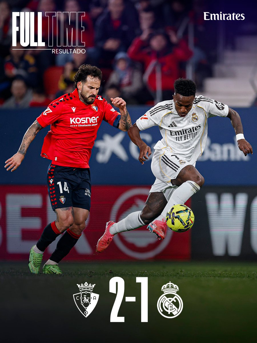wearefootb's tweet photo. FT: Osasuna 2–1 Real Madrid ⚽
Late winner.
Run over.
CA Osasuna shock Real Madrid CF thanks to Raúl García. 😳 https://t.co/LzzIp8m7e0