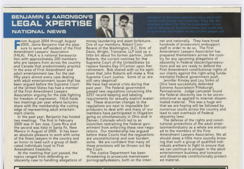 overtargets's tweet image. Umm….  SC Justice John Roberts is mentioned in this Epstein file. It’s a South Florida P*rn Mag.  On pg 62 embedded within raunchy ads is this article of Roberts nomination and how he’ll make a fine SC Justice defending adult entertainment issues. 😳👀
justice.gov/epstein/files/…