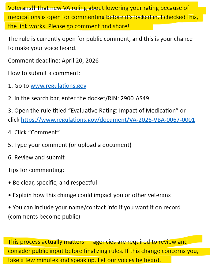 Please read. Please let the VA know that they can't just reduce benefits at will. I have added a second link for you to let them know how you feel . Please pass this on. Please help us! This is wrong!
mymilitarybenefits.com/benefits/va-an…

regulations.gov/document/VA-20…