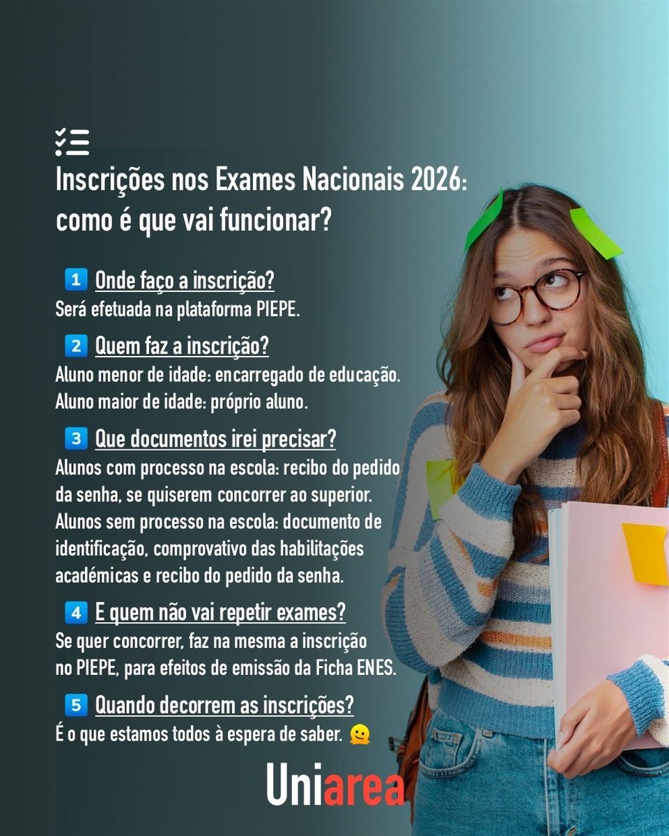 ☑️ Ficam algumas informações que precisas de saber para já sobre as Inscrições nos Exames Nacionais 2026. Explicamos o que vai mudar este ano nos exames e as informações conhecidas até ao momento neste nosso artigo: uniarea.com/exames-naciona…