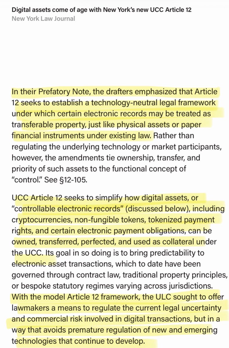 SMQKEDQG's tweet photo. ‼️ NEW YORK’S UPDATED UCC ARTICLE 12 AMENDMENT ON DIGITAL ASSETS TAKES EFFECT JUNE 2026‼️

“From a legal development standpoint, the clearest sign that digital assets have reached a new level of maturity is when the law gives up trying to shoehorn their legal issues into rules that were developed long ago in other contexts, and instead recognizes that these assets need their own legal framework, attuned to their own specific features, needs and issues.”🙇‍♂️

“New York's adoption of UCC Article 12 and the other 2022 UCC amendments in the Bill is an IMPORTANT STEP that heralds the mainstreaming of digital assets in commercial and financial transactions.”💯

Documented below.📝👇