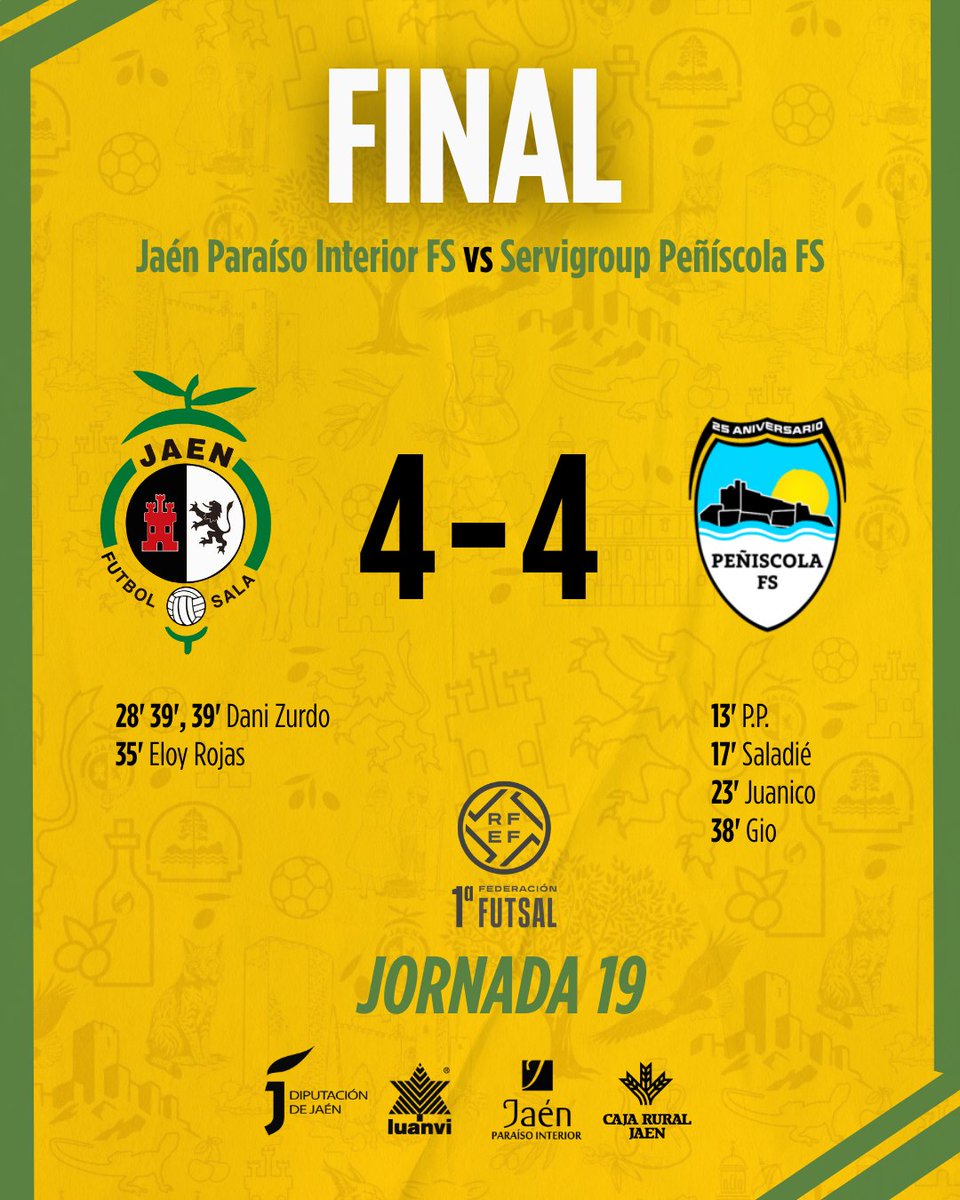 ⏱️ 40' | 4 - 4 | <a href="/JaenFS/">Jaén Paraíso Interior FS</a> - <a href="/peniscolafs/">Servigroup Peñíscola FS</a>

🎙️ ¡Final del partido en el Olivo Arena!

💛 Logramos el empate tras un gran final de partido

🙌 ¡Mil gracias por el apoyo, Marea Amarilla! 

📲 𝗘𝗡 𝗗𝗜𝗥𝗘𝗖𝗧𝗢 a través de <a href="/LaLigaPlus/">LALIGA+</a>

#SomosJaén💛 #PrimeraDivisionFS #JaénPeñíscola