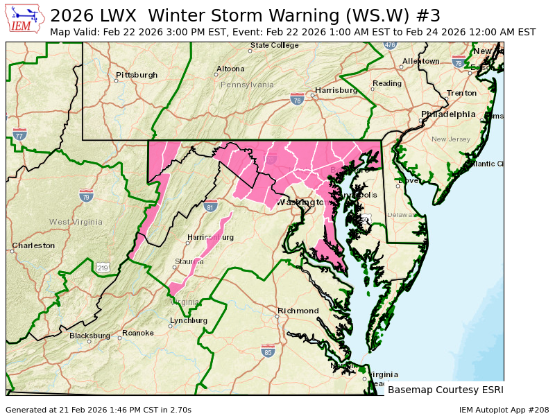 iembot_lwx's tweet image. LWX issues Winter Storm Warning valid at Feb 22, 3:00 PM EST for Washington [MD] and Clarke [VA] and Berkeley, Jefferson, Morgan [WV] till Feb 23, 10:00 AM EST mesonet.agron.iastate.edu/vtec/f/2026-O-…