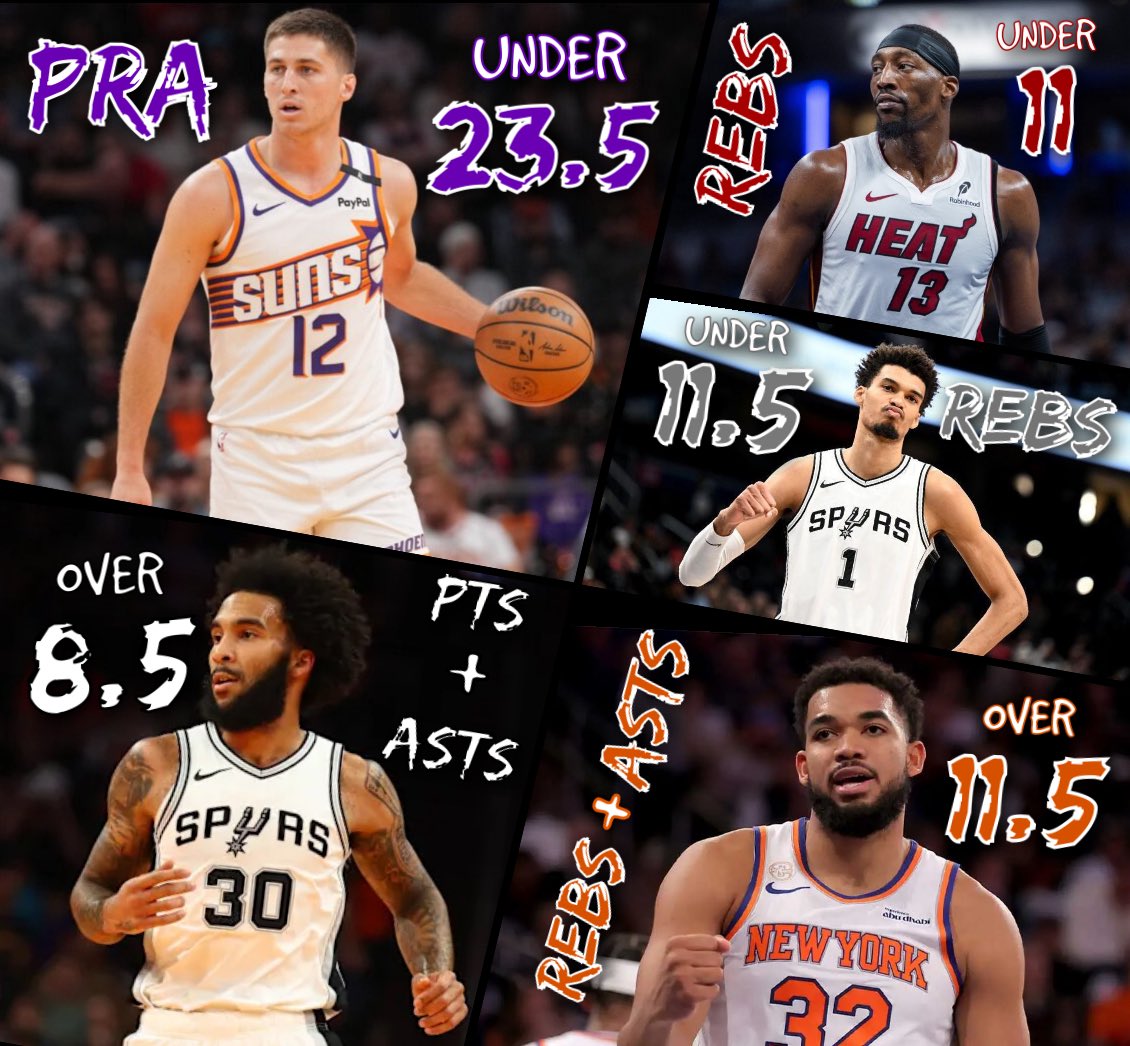 AghalibeC's tweet image. NBA 2/21 Picks 🏀:

Collin Gillespie U 23.5 PRA
Bam Adebayo U 11 Rebounds
Julian Champagnie O 8.5 Pts+Asts
Victor Wembanyama U 11.5 Rebounds
Karl-Anthony Towns O 11.5 Rebs+Asts

199-140 on picks this Szn

Tap  IF TAILING 
t.me/+o8sn5Ca20us4Z…
#PrizePicks #ChalkBoard #PlayerPro