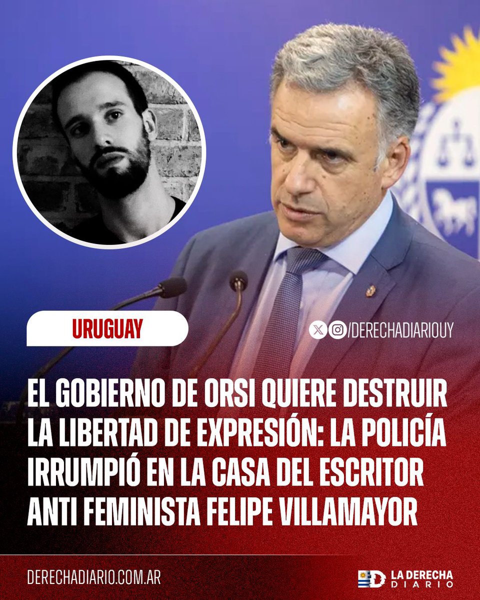 DerechaDiarioUY's tweet photo. 🇺🇾 | TURBIO: El gobierno de Orsi quiere destruir la libertad de expresión. La policía irrumpió en la casa del escritor anti feminista Felipe Villamayor sin dar explicaciones y con fines intimidatorios. https://t.co/dTIFxmVEJ9