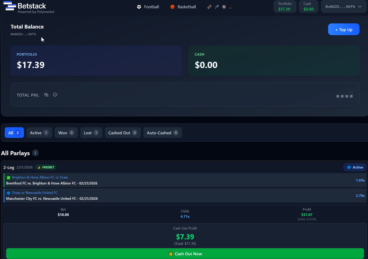 decenterghost's tweet photo. How hedging/arbitrage works in the prediction market using @BetStackapp (Polymarket Builders program)

Today, I decided to conduct an experiment with the first project that offers parlays on Polymarket
For the experiment, I took $10 and made two predictions: Brentford-Brighton (Brighton will not lose, 
1.69) and Man City-Newcastle (Newcastle will not lose, 2.86), parlay odds: 4.84

The first part was successful, Brighton won 2-0. And before the second part, I can already see my profit on Betstack, but I don't know yet how the second match will end, where Man City is the favorite
I go to Polymarket and look at the odds. I see that I have several hedging options. For example, if I predict a Man City win (here I get money anyway), then I need to $18
If ManCity wins, I am guaranteed to receive 13 cents. This is a zero hedge, which is used when I am confident about Newcastle but simply want to play it safe

BUT:

If I make a prediction of $30.5, I am guaranteed to receive ~$48.5

Cost of two predictions: 10+30.5=40.5

Profit: 48.5

(48.5/40.5)*100% = 19.7%

In any case

And yes, don't forget that math always wins