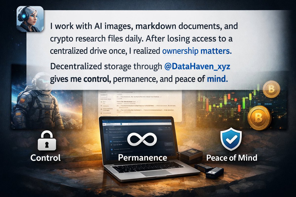 Andrei17017371's tweet photo. I work with AI images, markdown documents, and crypto research files daily. After losing access to a centralized drive once, I realized ownership matters. Decentralized storage through @DataHaven_xyz gives me control, permanence, and peace of mind.

@DataHaven_xyz https://t.co/yrbojkGa7W