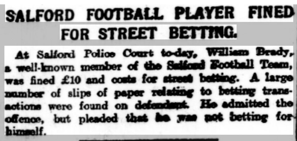 Once a bookie…always a bookie 🧐🙌🔴⚪️⚫️
27th March 1907. 

Former  <a href="/Salford_RLFC/">Salford RLFC</a> player Heritage N°104  William ‘Billy’ Brady not only went on to be a lifelong sponsor of the club he was also made a life president for his contribution to Salford RLFC. 

<a href="/SalfordTrotter/">Pete Brady</a>