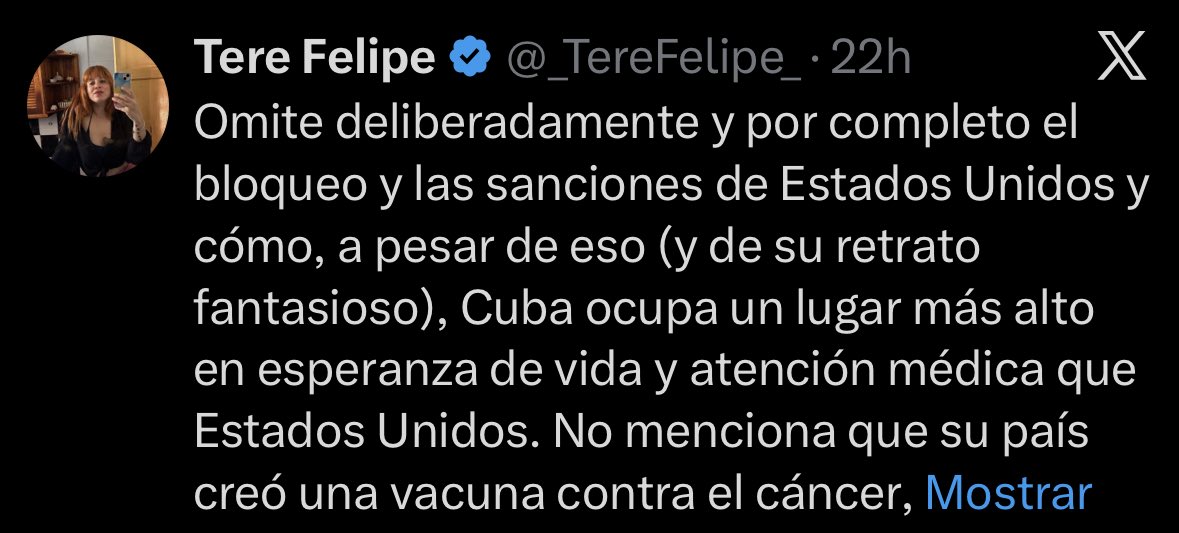 Al mismo tiempo que ⁦<a href="/_TereFelipe_/">Tere Felipe</a>⁩ critica a Camila Cabello por omitir lo que ella quisiera que dijera, omite todas las golpizas del 11J, los más de mil presos políticos, la buena vida de la cúpula cubana, y un etc tan largo que debería caérsele la cara de vergüenza. #Cuba