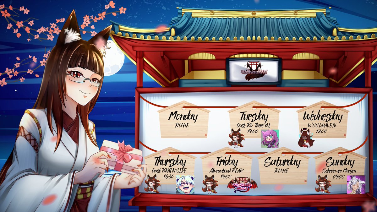 ⛩️ Hiermit erhaltet ihr den Streamplan für KW9 (23.02. - 01.03.):

Eine neue Woche beginnt und damit auch ein neuer Wochenplan, wupp wupp!
Diese Woche sind neben Schrein-Streams auch einige Gastauftritte geplant. Viele Streams mit liebevollen Wesen ❤️
 
Dienstag 19:00 Uhr: