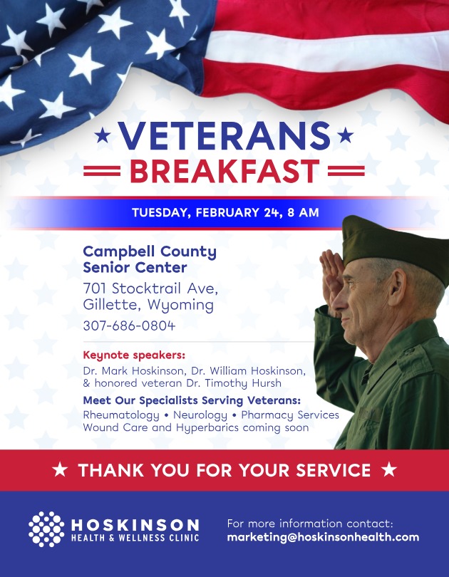 Meet our specialists supporting veterans in rheumatology, neurology, pharmacy, and wound care.

Join us Tuesday February 24 at 8 AM.
Tag a veteran who should be there.

#VeteransBreakfast #IntegratedCare #HoskinsonHealth #ThankYouForYourService