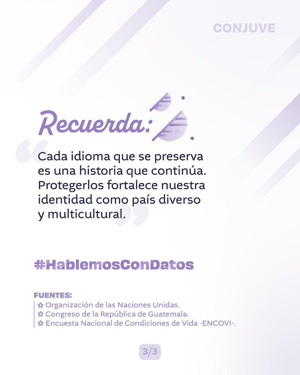 ¡Las lenguas maternas y los idiomas indígenas nos unen como nación! 🗣️📖✨

Desde #CONJUVE hacemos un llamado a la juventud a proteger y fortalecer nuestra riqueza cultural.🇬🇹 🙋🏻🙋🏻‍♀️

#HablemosConDatos
#ALaJuventudSeLeResponde