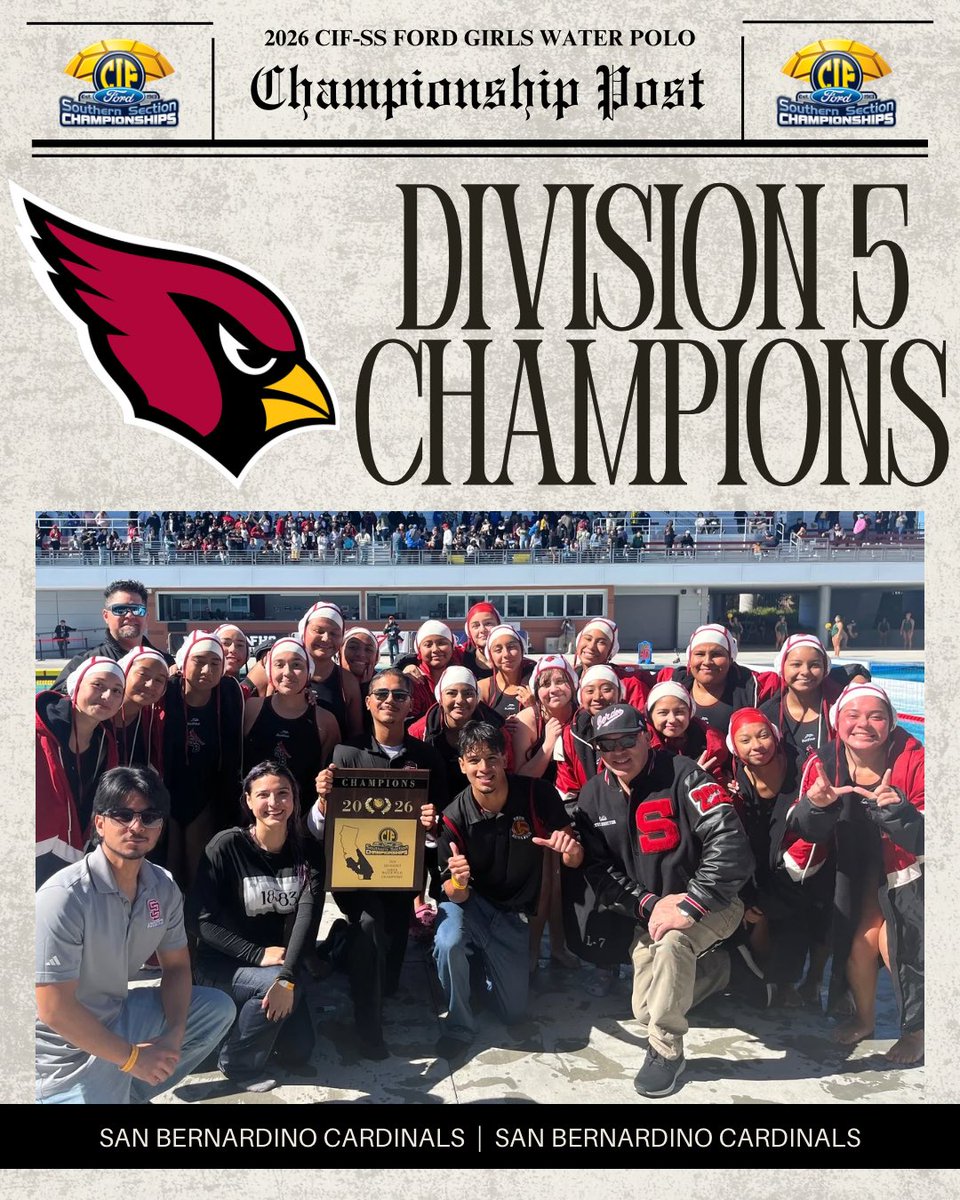 CIFSS's tweet photo. π¨ HOT OFF THE PRESS ποΈ
Introducing your 2026 CIF-SS @SoCaliFord Division 5 Girls Water Polo Champions the San Bernardino Cardinals! π€½ββοΈ
#CIFSSGWP https://t.co/lCEbtx5bb4