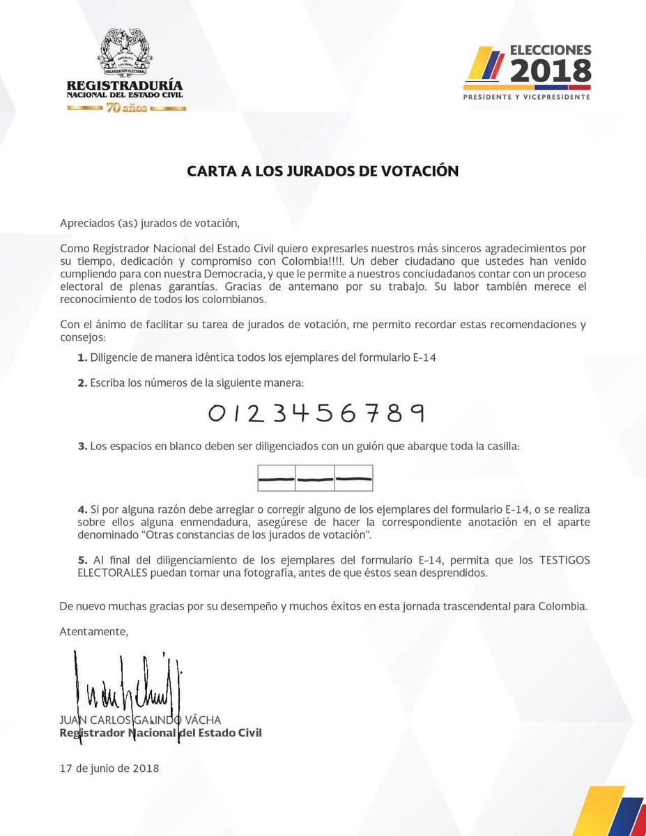 Señor Registrador Hernán Penagos, en las pasadas elecciones de Presidente, fui jurado y como presidente de mesa, y la <a href="/Registraduria/">Registraduría Nacional del Estado Civil</a> nos explicó que NO SE DEJABA ESPACIOS EN BLANCO. 
DEJE DE SER TAN CORRUPTO Y NO MIENTA AL PUEBLO.
<a href="/PGN_COL/">Procuraduría General de la Nación</a> ustedes por qué van a sancionar?