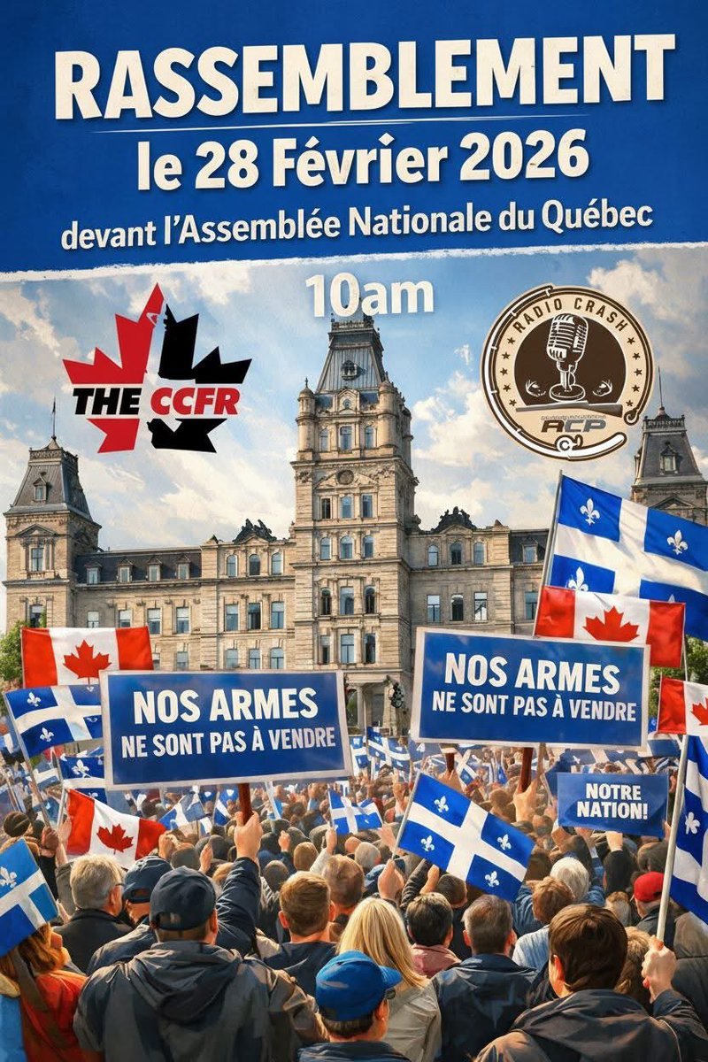 🚨 RALLY OF LEGAL GUN OWNERS 🚨

February 28, 2026, at 10 a.m. in front of the Quebec National Assembly!🇨🇦⚜️

OUR GUNS ARE NOT FOR SALE!

Join the CCFR and Radio Crash to make ourselves seen and heard, hunters, sport shooters, and collectors. Together we are stronger!

Peaceful,