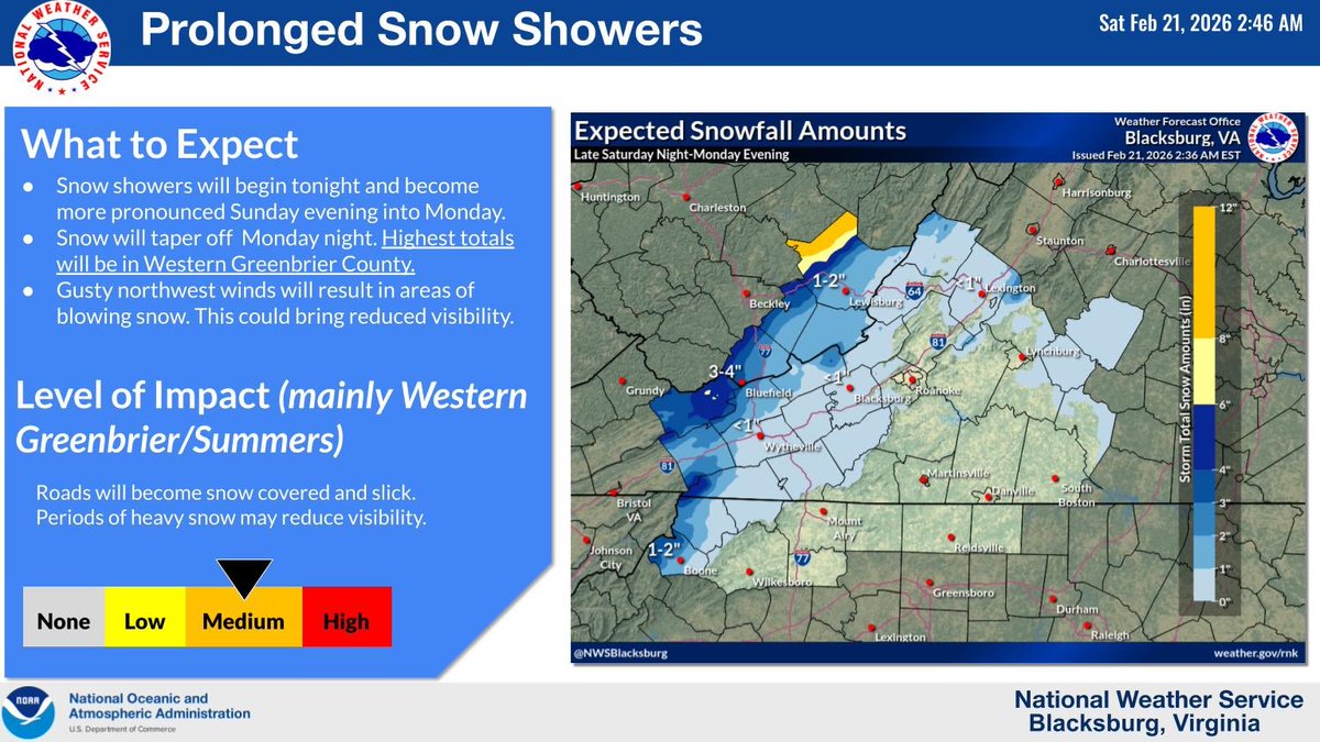 More snow is on the way.  A Winter Weather Advisory has been issued from 12 am Sunday (2/22/26) until 12 am Monday (2/23/26). Monitor the forecast. Use caution while traveling and be alert for slick travel conditions.