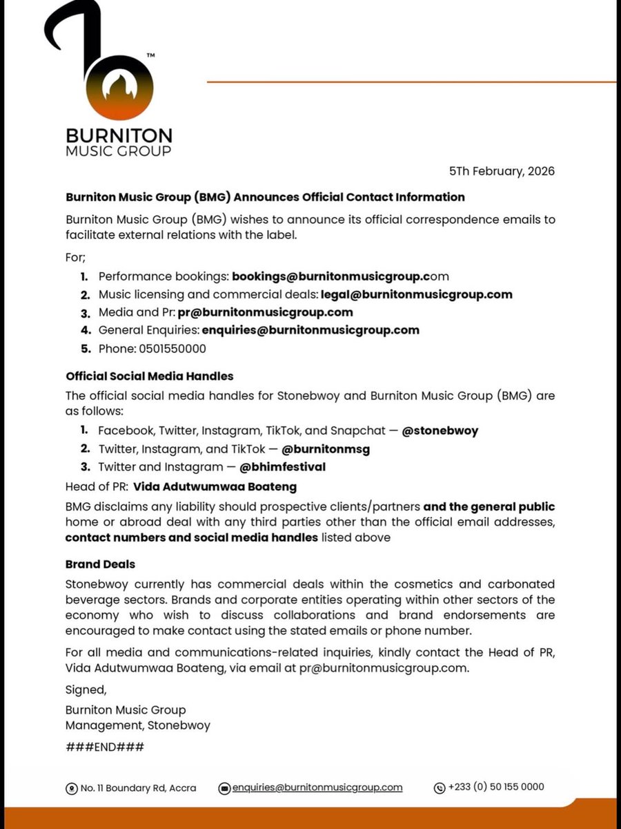 BhimNativesGh's tweet photo. 📋 Burniton Music Group management has officially released the verified contact details and social media handles for the label and artist Stonebwoy. https://t.co/6Khmoo9ZyJ