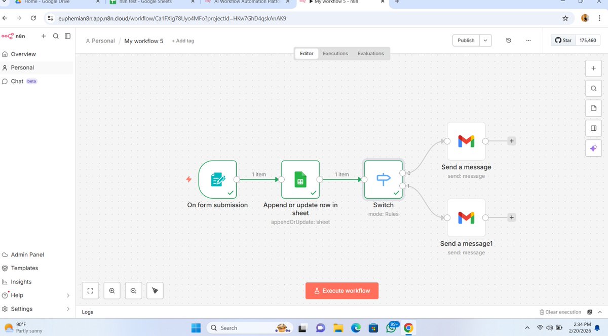 ogooeuphemia's tweet photo. First time using n8n and I'm impressed 
Built a system where: • Form submissions auto-save to Google Sheets
• A Switch node segments users by income
• Different Gmail responses are triggered automatically
#n8n #BuildInPublic #TechJourney #Automation #womenintech https://t.co/0XOFSz5xzj