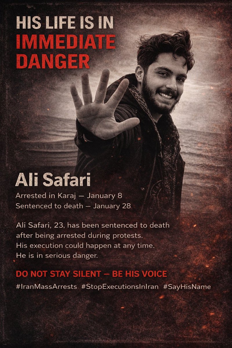 violet_deviil's tweet image. #Ali_safari ،23 years old from Karaj, was arrested on January 8.
Just weeks later, on January 28, he was charged with “Moharebeh”. A charge that carries the death penalty. He is in serious danger!

#علی_صفری
#execution #StopExecutionsInIran
#IranMassacre #HumanRights