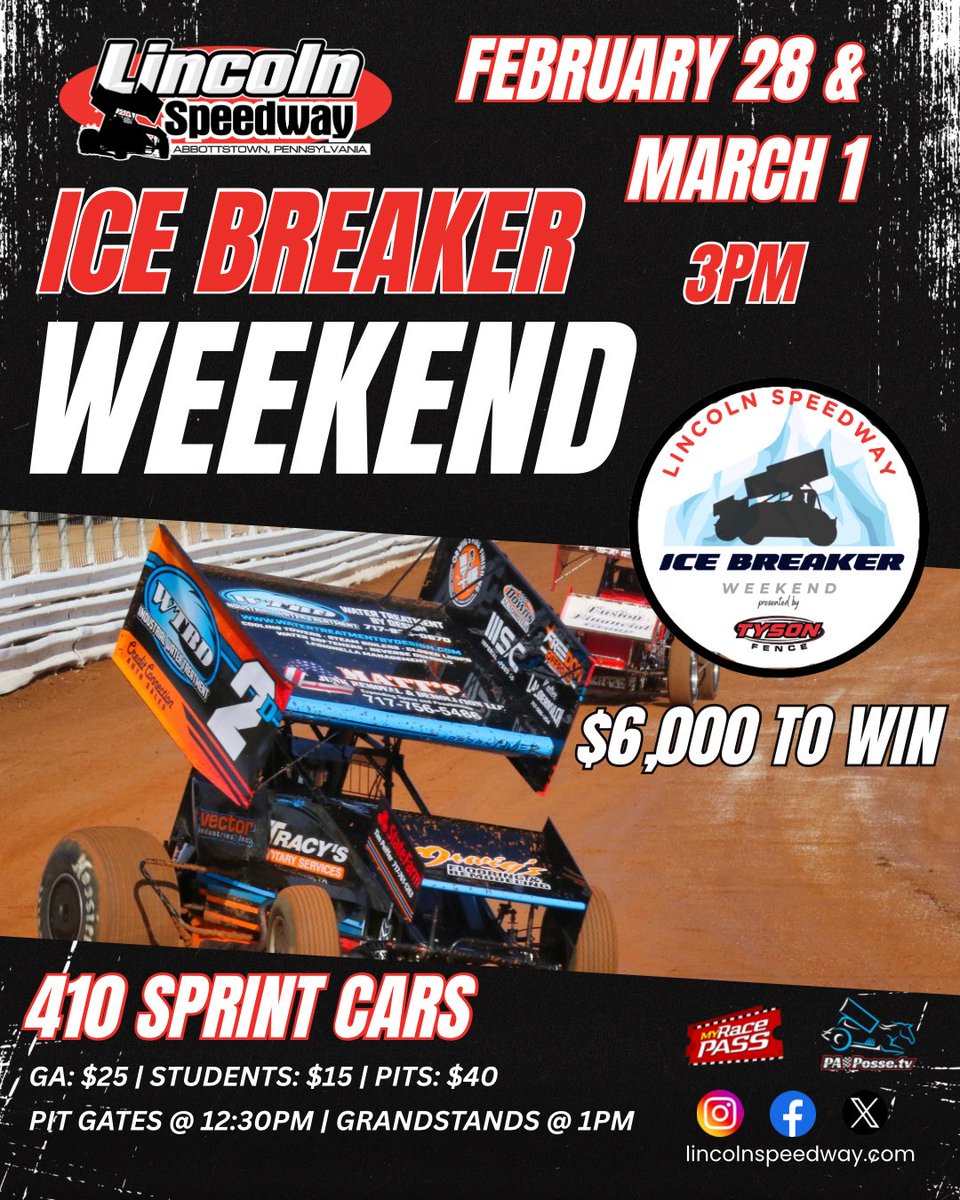 lincolnspeedway's tweet image. 🏁 ICE BREAKER WEEKEND 🏁
Feb 28 &amp;amp; March 1 | 3PM 410 Sprint Cars 💰 $6,000 to win

Kick off the season with high-speed dirt track action you don’t want to miss!
#IceBreakerWeekend #410SprintCars #DirtRacing