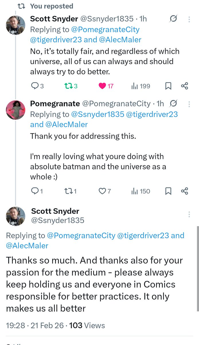 Just so more people are aware Scott Snyder did reply to address the situation

Really respect him for that