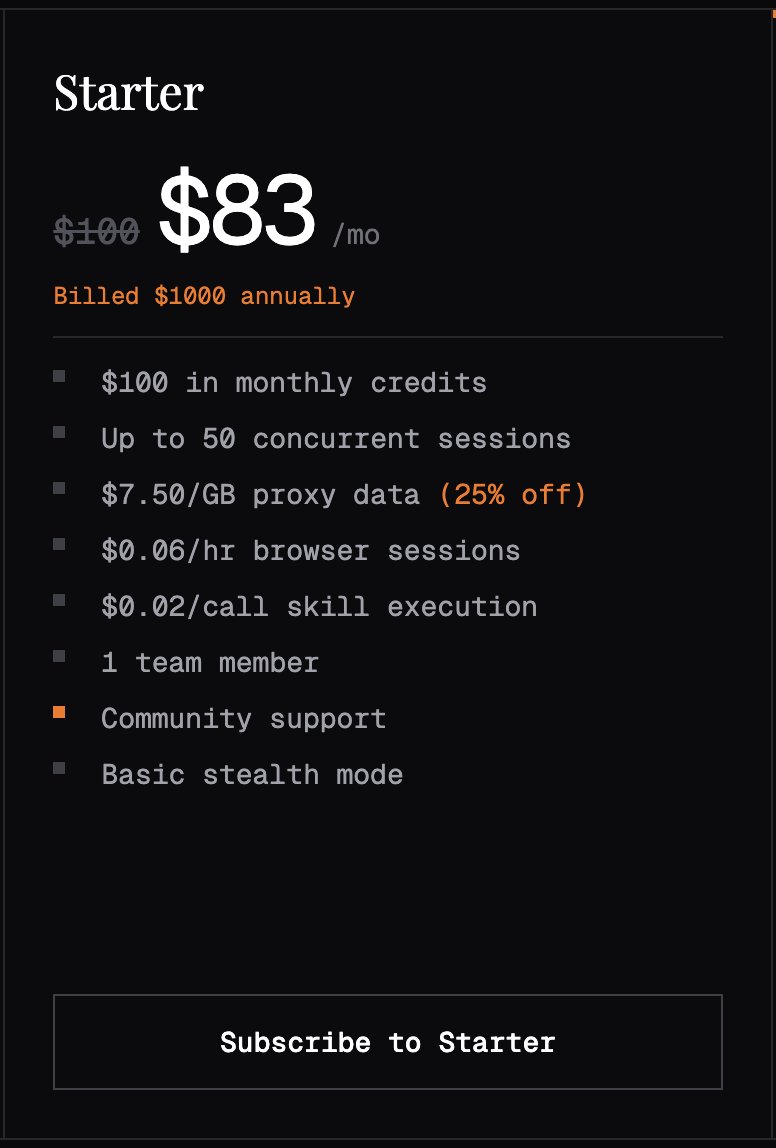 A lot of you asked for something between pay-as-you-go and Business. So we built it.

Starter plan - $100/mo

- $100 in monthly credits included
- 50 concurrent sessions
- Proxy data at $7.50/GB , cheaper than most competitors

Go yearly at $83/mo!
