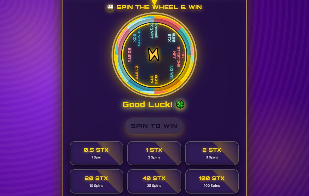 ✨Spin2win is back! 🔥 

- added new reward
- all supported devices
- better UI/UX
- history load // realtime

play and win big

🔗link: spintowin.stxstone.fun
