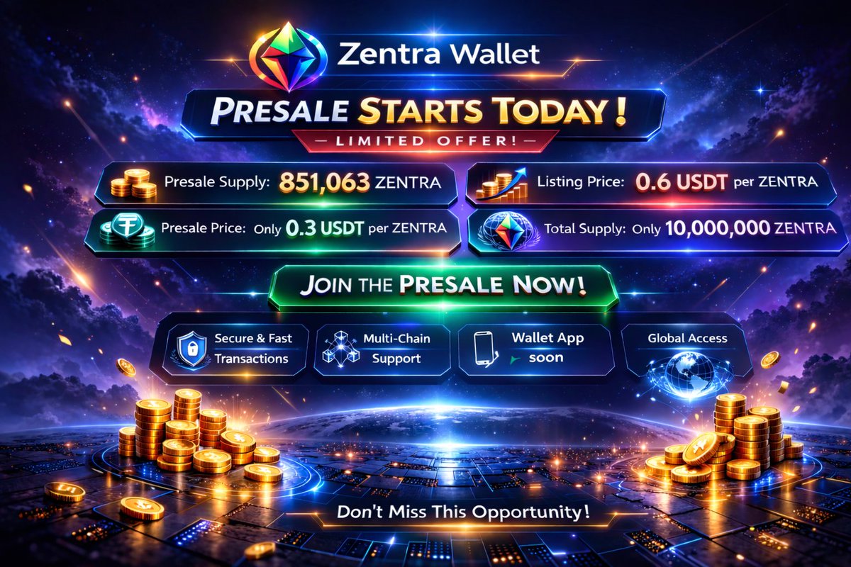 ⌛️ Zentra Presale is launching TODAY.

A total of 851,063 ZENTRA tokens have been officially allocated for this exclusive presale round.

Presale Price: 0.3 USDT per ZENTRA
Total Supply: Only 10,000,000 ZENTRA

With a strictly limited supply and early-stage entry pricing, this