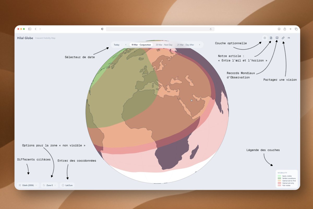 🌙 Hilal Globe est lancé !

Ces derniers jours, notre équipe a travaillé en parallèle sur cet outil.
Dans le contexte des récentes polémiques, notre intention est simple : faciliter la compréhension et apaiser les tensions par la connaissance.

Où peut-on voir le croissant