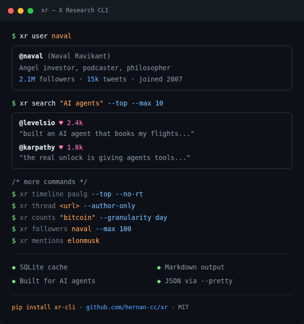 me cansé de pasarle twitts a mi agente y que no pueda leerlos o tarde 15 minutos lidiando con la api de X.

asi que le di ojos en X. una CLI. 10 comandos, cache en SQLite, open source

pip install xr-cli