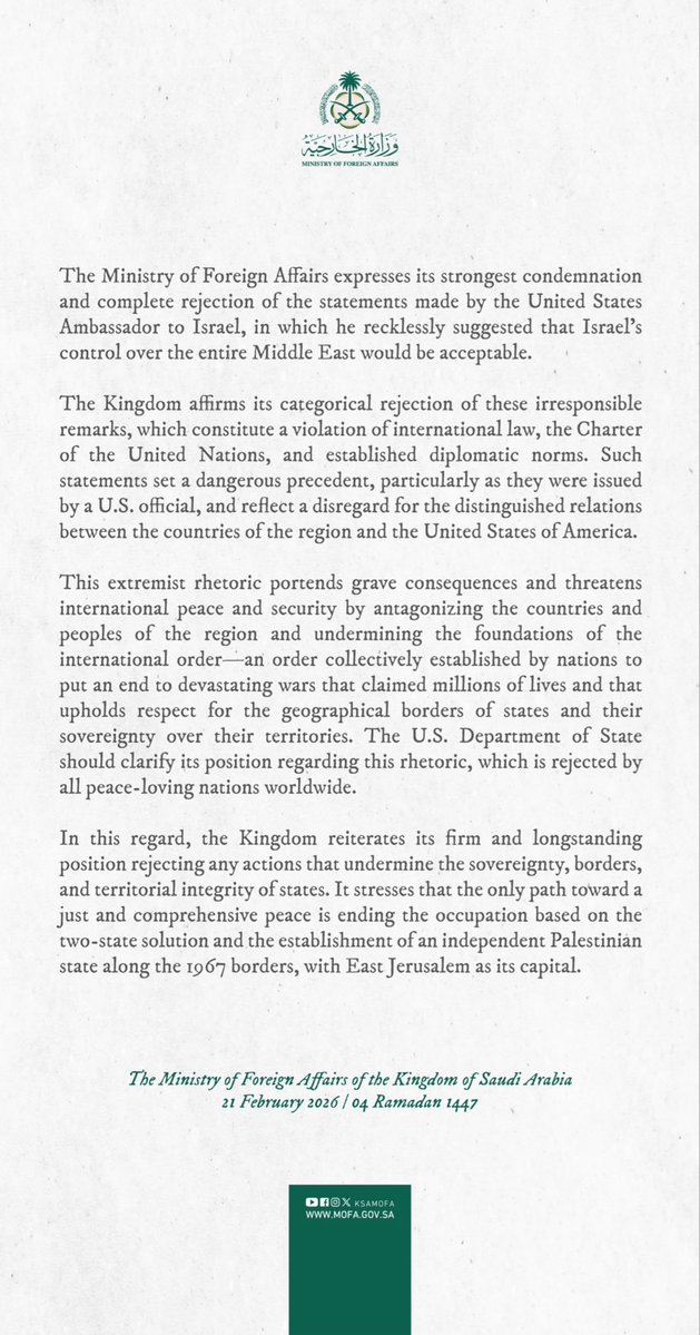 ShaykhSulaiman's tweet image. JUST IN: SAUDI CONDEMN MIKE HUCKABEE’S STATEMENT THAT ISRAEL SHOULD CONTROL THE MIDDLE EAST