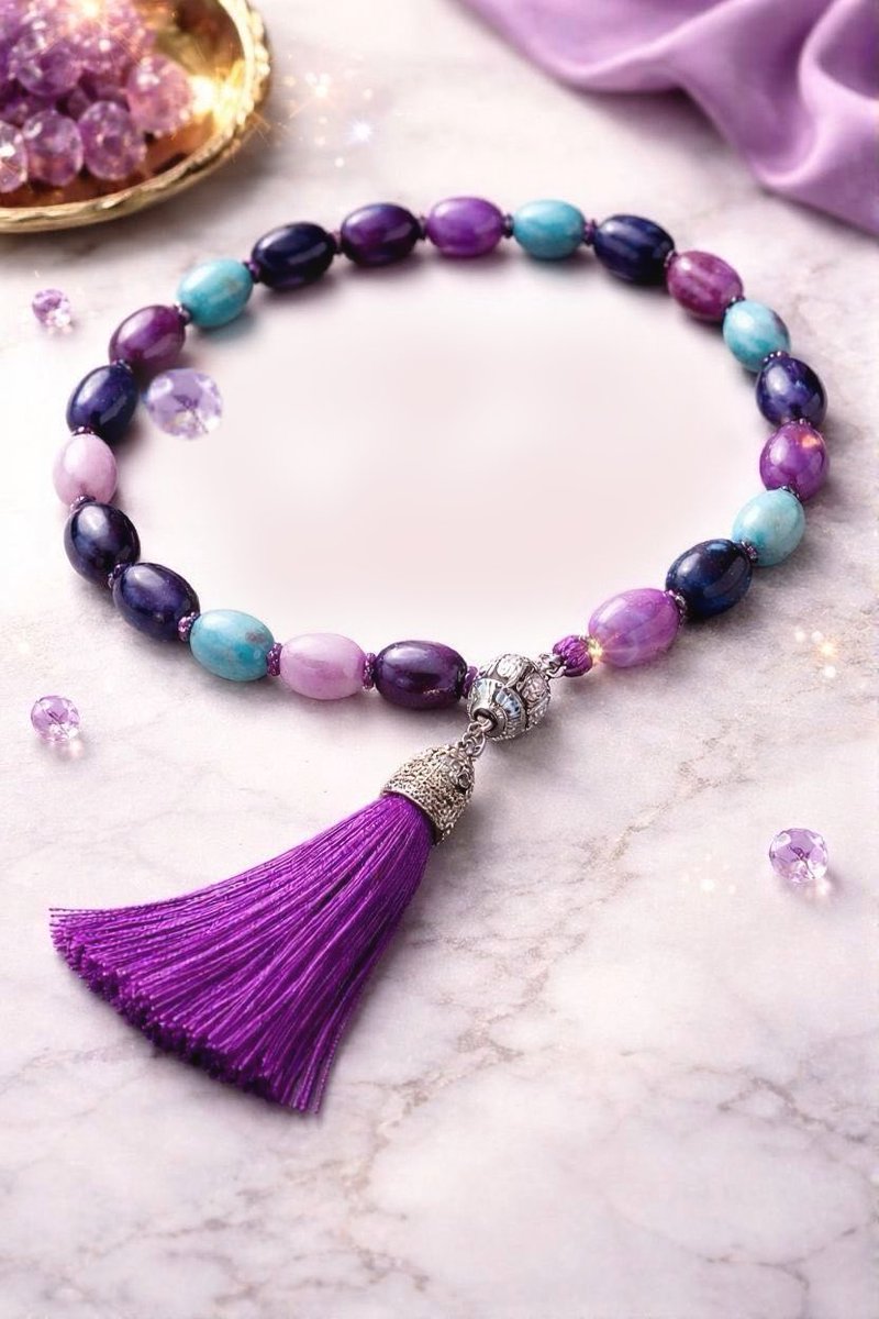 MatrahAliSh's tweet photo. #تحدي_اثراء_الرمضاني
A realistic image of a rosary, oval-shaped, made of gemstones and turquoise in shades of purple and dark blue. Light background. https://t.co/gFYvf7JYkt