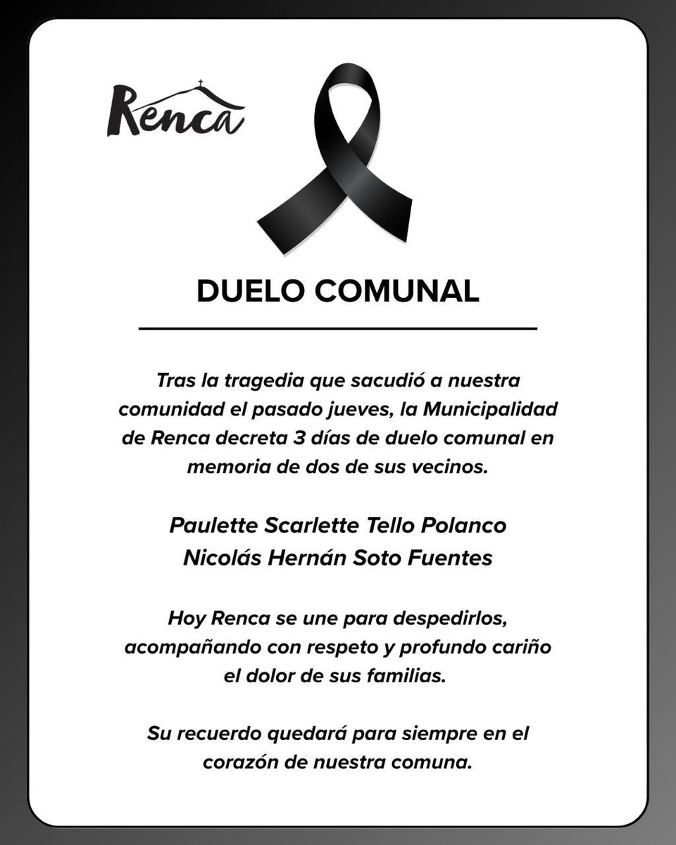 Hoy confirmamos el fallecimiento de Paulette Tello, vecina de Renca y una nueva víctima de la explosión. He decretado 3 días de duelo comunal, en su memoria y la de Nicolás Soto. No dejaremos solas a las familias y seguiremos acompañándolas.