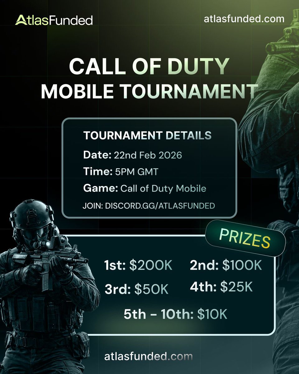🎮 Atlas Funded Call of Duty Mobile Tournament

📅 22nd Feb 2026
⏰ 5PM GMT
🏆 Huge prizes up for grabs

1st: $200K
2nd: $100K
3rd: $50K
4th: $25K
5th–10th: $10K

Think you’ve got what it takes?
Join the competition via our Discord 👇