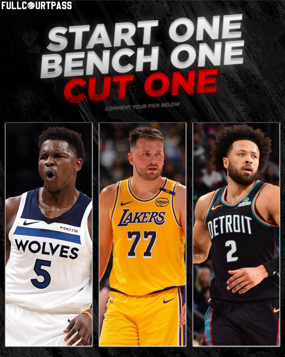 Fullcourtpass's tweet photo. ⬇️ START, BENCH, CUT ⬇️

- Anthony Edwards
- Luka Doncic
- Cade Cunningham https://t.co/BRBUwpeevV