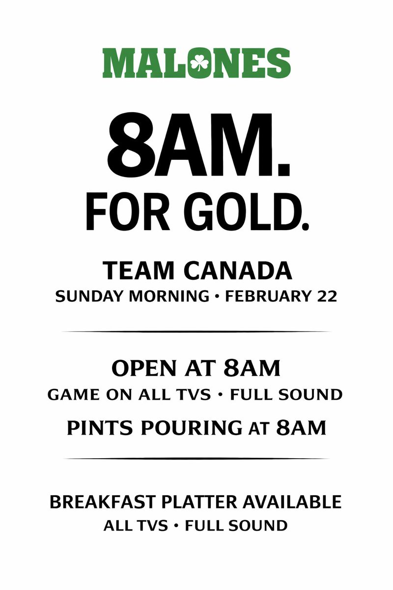 🇨🇦  FOR GOLD 🇨🇦

Open 8AM Sunday
All TVs. Full sound.
118 Bradford St, Barrie

Breakfast Platter
Pints pouring at 8
#SmirnoffSunday Caesars
$6 Carlsberg &amp; Carlsberg Lite Tallboys

See you Sunday.