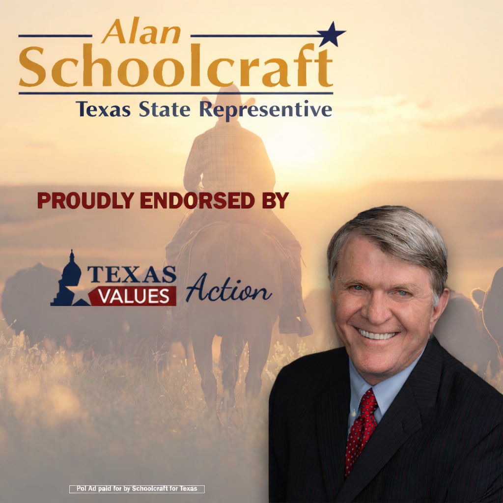 Schoolcraft4TX's tweet photo. Proud to be endorsed by @TxValuesAction! Faith and family are at the foundation of what I believe. I will always stand for strong family values while representing #HD44 in Austin. #txlege https://t.co/Oz06w9lHOk