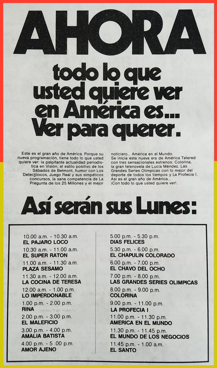 Así era la programación en Perú en mayo de 1984, en el canal América Tv que transmitía  entonces mayormente producciones de Televisa. Iban en repetición las telenovelas Lo Imperdonable, Rina y Colorina. <a href="/detlnovelas1/">detlnovelas 🌎</a> <a href="/horadlanovela/">La Hora de la Novela</a> #80s