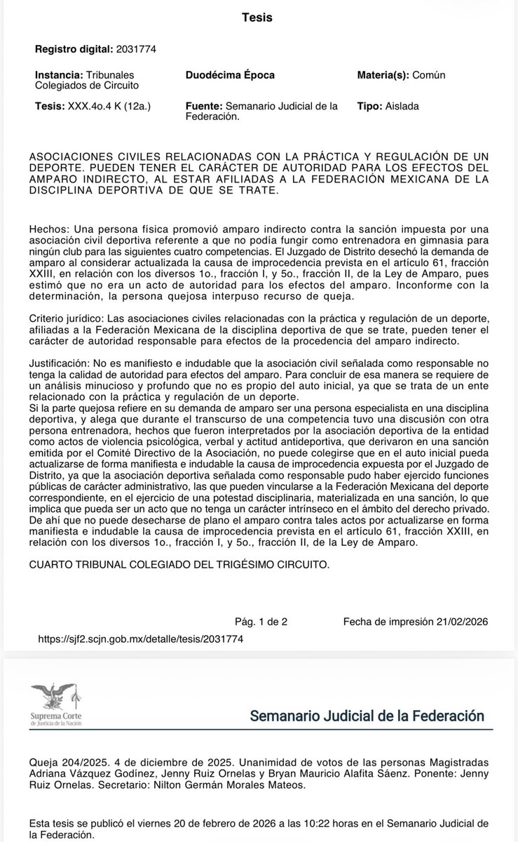 ASOCIACIONES CIVILES RELACIONADAS CON LA PRÁCTICA Y REGULACIÓN DE UN DEPORTE. PUEDEN TENER EL CARÁCTER DE AUTORIDAD PARA LOS EFECTOS DEL AMPARO INDIRECTO, AL ESTAR AFILIADAS A LA FEDERACIÓN MEXICANA DE LA DISCIPLINA DEPORTIVA DE QUE SE TRATE.
