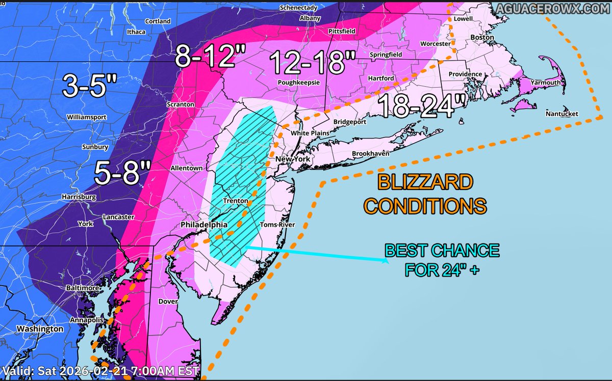 Here is my first snowfall forecast for this major #blizzard.

Made with <a href="/aguacerowx/">aguacero</a> at aguacerowx.com

Expecting widespread 1-2 feet of snow from DE to Maine. Best chance for 2-3 feet+ is in central NJ.

Extreme blizzard conditions at the coast with gusts easily 50-60mph
