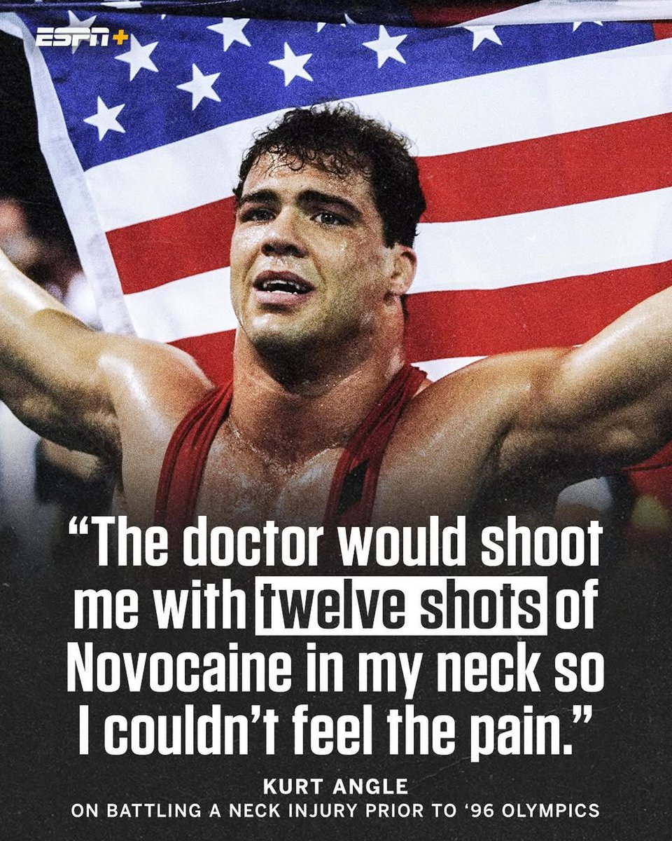 espn's tweet image. When Kurt Angle won a gold medal in freestyle wrestling with two bulged and herniated disks, two cracked vertebrae and four pulled muscles in his neck 😳 

Stream the 2026 #WWEChamber Saturday, Feb. 28 at 7 PM ET on the ESPN App with an ESPN Unlimited plan.